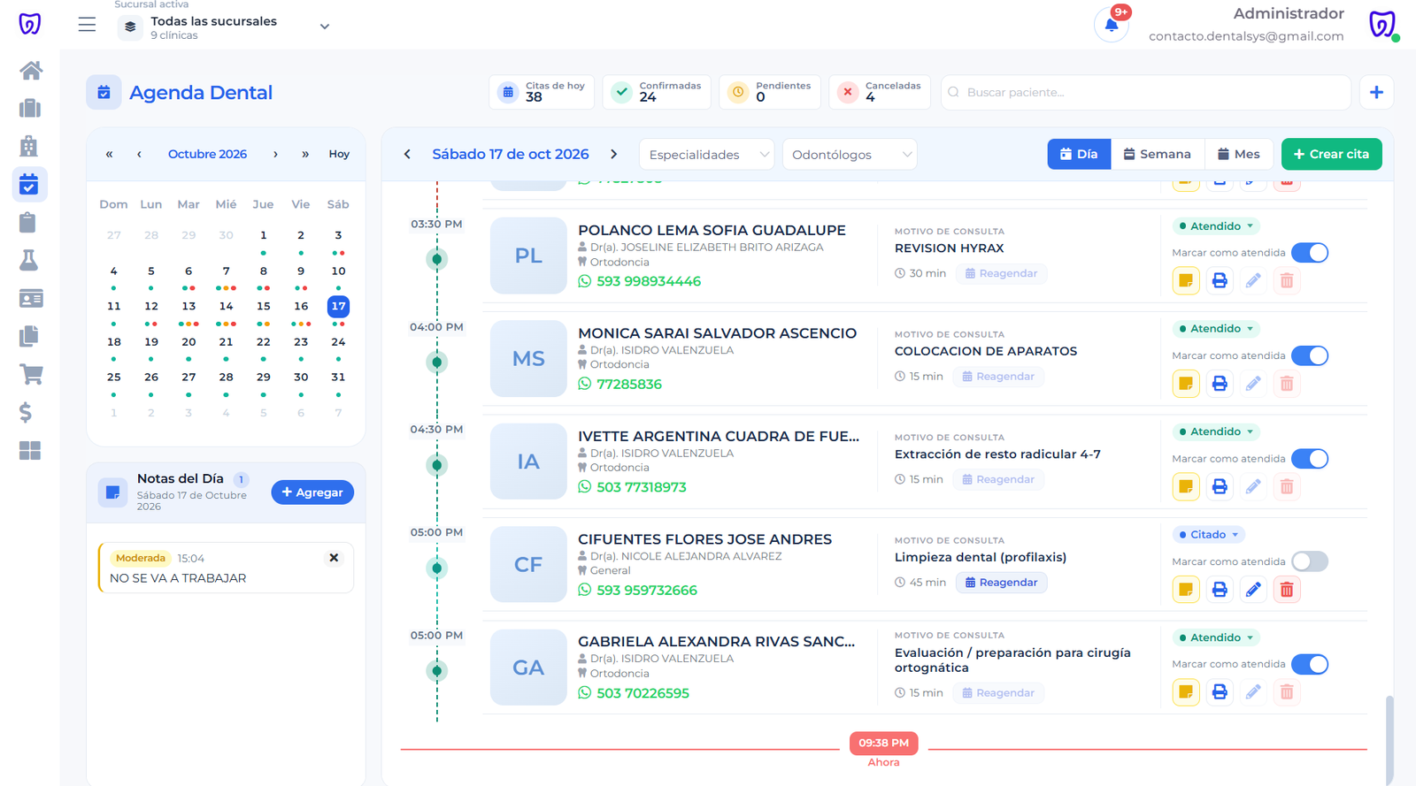 Agenda Dental DentalSys — citas del día con paciente, doctor y cotización activa